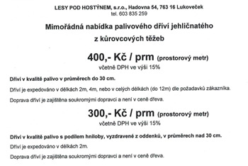 Mimořádná nabídka palivového dříví a štěpky